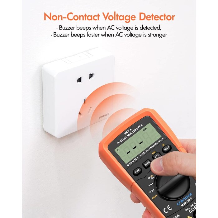 Crenova MS8233D - Crenova Multimeter 6000 Counts Digital Multimeter DC AC Volt Meter Ohm Volt Amp Tester Measures Voltage Current Resistance Capacitance Continuity Diode Duty-Cycle Frequency NCV Live Wire Test