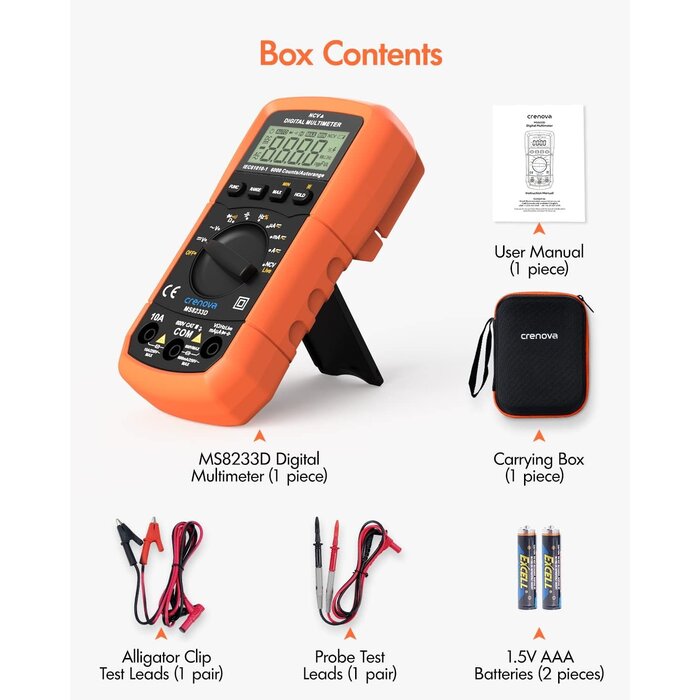 Crenova MS8233D - Crenova Multimeter 6000 Counts Digital Multimeter DC AC Volt Meter Ohm Volt Amp Tester Measures Voltage Current Resistance Capacitance Continuity Diode Duty-Cycle Frequency NCV Live Wire Test