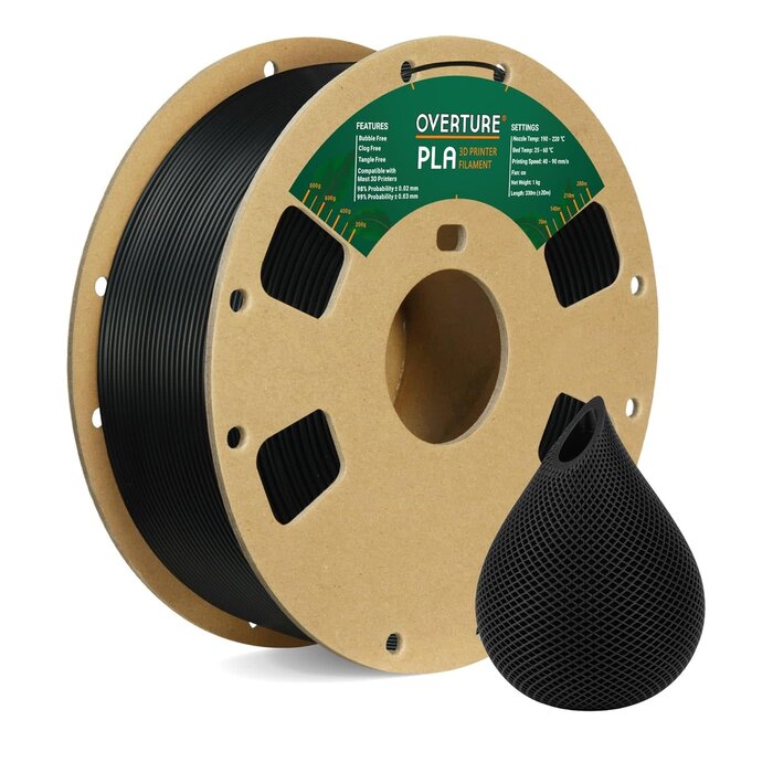 OVERTURE PLA Filament 1.75mm PLA 3D Printer Filament, 1kg Cardboard Spool (2.2lbs), Dimensional Accuracy +/- 0.02mm, Fit Most FDM Printer (Black)