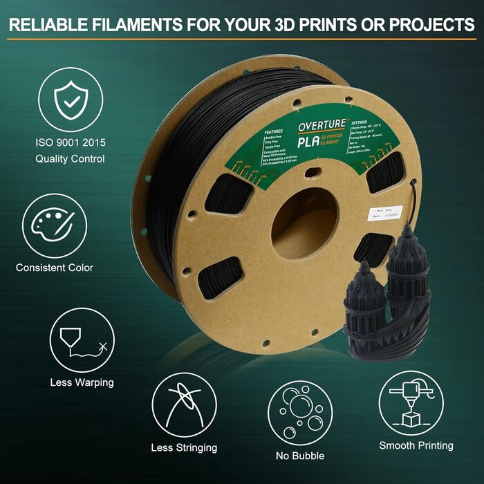 OVERTURE PLA Filament 1.75mm PLA 3D Printer Filament, 1kg Cardboard Spool (2.2lbs), Dimensional Accuracy +/- 0.02mm, Fit Most FDM Printer (Black)