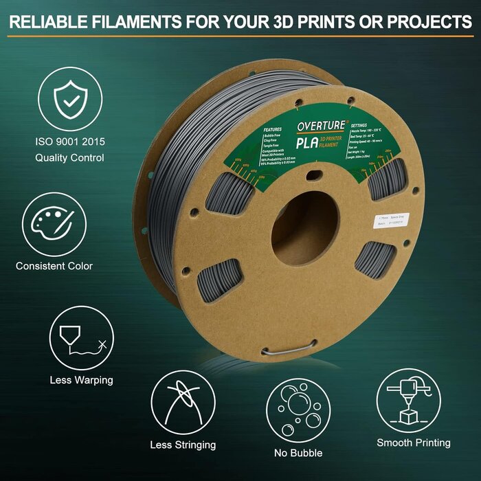 OVERTURE PLA Filament 1.75mm PLA 3D Printer Filament, 1kg Cardboard Spool (2.2lbs), Dimensional Accuracy +/- 0.02mm, Fit Most FDM Printer (Space Gray)