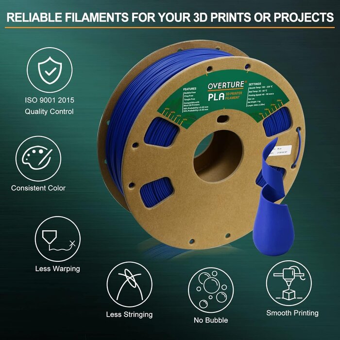 OVERTURE PLA Filament 1.75mm PLA 3D Printer Filament, 1kg Cardboard Spool (2.2lbs), Dimensional Accuracy +/- 0.02mm, Fit Most FDM Printer (Blue)