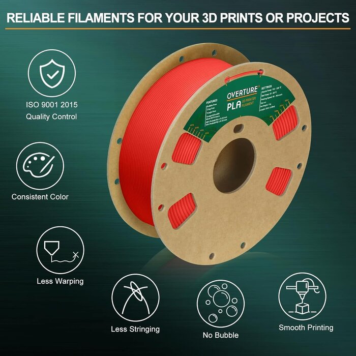 OVERTURE PLA Filament 1.75mm PLA 3D Printer Filament, 1kg Cardboard Spool (2.2lbs), Dimensional Accuracy +/- 0.02mm, Fit Most FDM Printer (Red)