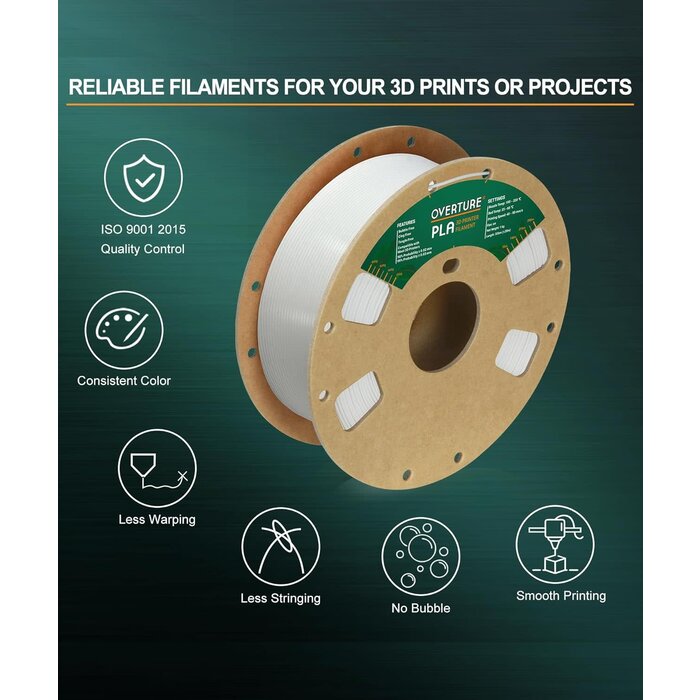 OVERTURE PLA Filament 1.75mm PLA 3D Printer Filament, 1kg Cardboard Spool (2.2lbs), Dimensional Accuracy +/- 0.02mm, Fit Most FDM Printer (White)