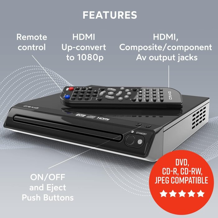 DVD100 - Oakcastle Compact DVD Player with Included HDMI | Multi Region Disc Playback | 1080 HD Upscaling | HDMI, RCA, & AV Connectivity | USB, MP3, & CD Playback | Easy Use Remote Control Included | OAKCASTLE DVD100