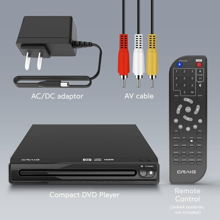 CVD401A - Craig - Compact HDMI DVD Player with Remote in Black | Compatible with DVD-R/DVD-RW/JPEG/CD-R/CD-R/CD | Progressive Scan | Up-Convert to 1080p |
