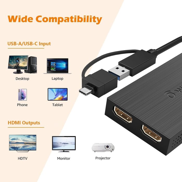 WL-UG7602HC - WAVLINK USB 3.0 or USB C to HDMI Adapter for Dual Monitors, Universal Video Graphics Adapter for Mac and Windows, Thunderbolt 3/4, USB 3.0 or USB-C, 1080p@60Hz