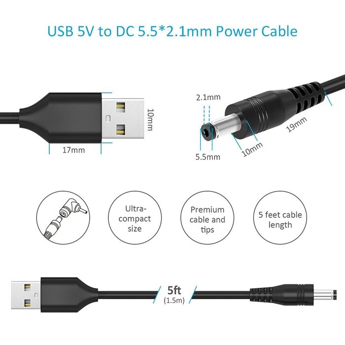 BK-Cable-11P - Belker Universal 5V DC Power Cable USB to DC 5.5 2.1 mm Plug Connector Tip Charging Cord with Most Frequently Used Interface Type