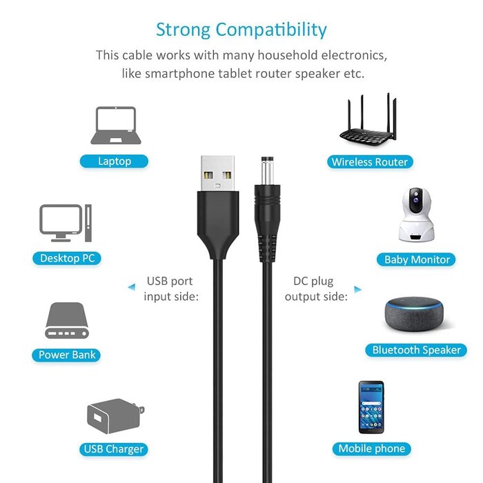 BK-Cable-11P - Belker Universal 5V DC Power Cable USB to DC 5.5 2.1 mm Plug Connector Tip Charging Cord with Most Frequently Used Interface Type