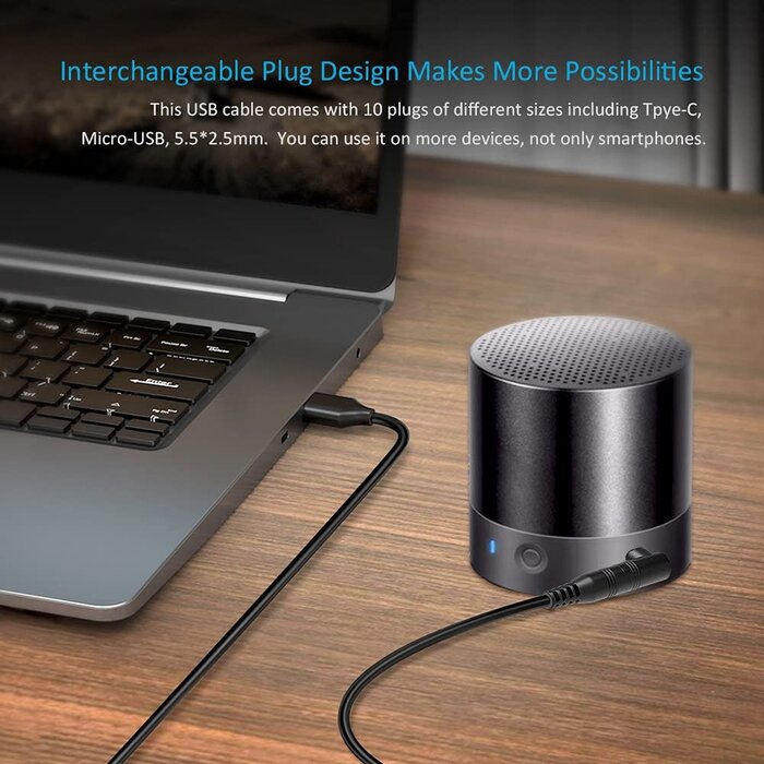 BK-Cable-11P - Belker Universal 5V DC Power Cable USB to DC 5.5 2.1 mm Plug Connector Tip Charging Cord with Most Frequently Used Interface Type