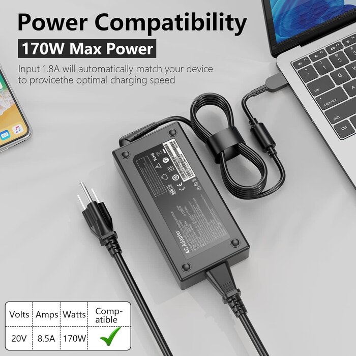 zhiywoll SL195334 - 170w thinkpad ac Charger for Lenovo thinkpad P50 P51 P52 P53 P70 P71 P73 W540 W541 T540P P15 P17 P15V P15G T15G T15P P1 Power Adapter Supply Cord 8.5a, 240V