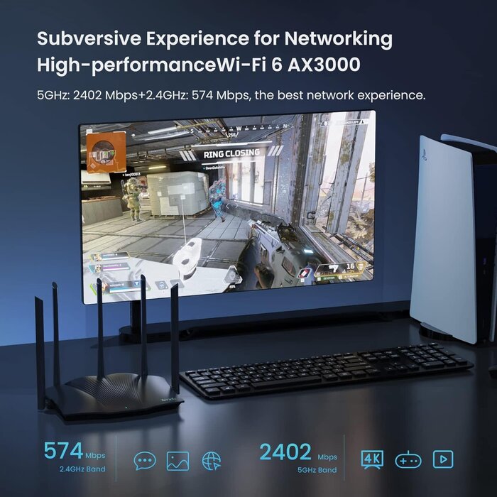 RX12PRO - Tenda WiFi 6 Gaming Router, Wi-Fi speeds up to 2976Mbps, AX3000 Dual Band Gigabit Wireless Router for Home, Long Range Coverage with 5 * 6dBi High-Gain Antennas, High Speed Router with 4 Gigabit Ports, Support WPA3, VPN (RX12Pro)