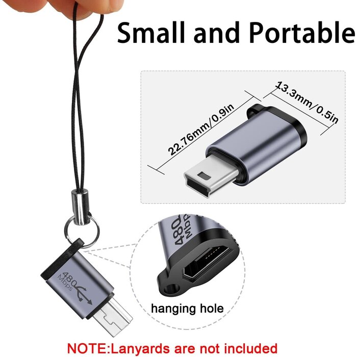 MicroUSBF-MiniBM - QIANRENON Mini USB Male to Micro USB Female Adapter Mini USB Plug to Micro USB2.0 Jack Charging Data Connector 480Mbps 18W 9V/2A, Al Alloy/Hook Hole, for Digital Camera MP3 Mobile Hard Drive