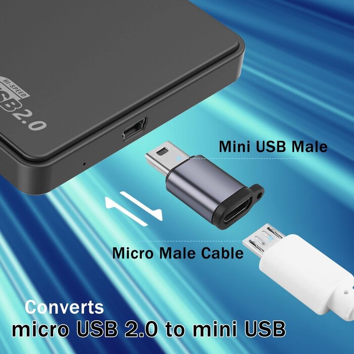 MicroUSBF-MiniBM - QIANRENON Mini USB Male to Micro USB Female Adapter Mini USB Plug to Micro USB2.0 Jack Charging Data Connector 480Mbps 18W 9V/2A, Al Alloy/Hook Hole, for Digital Camera MP3 Mobile Hard Drive