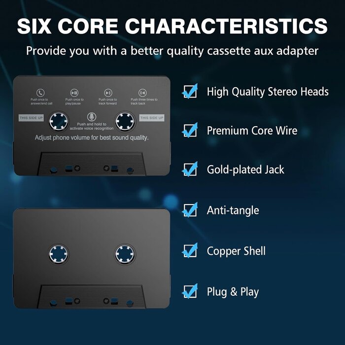 Mersoco Mersoco Car Cassette Aux Adapter with Microphone, 3.5MM Cable Audio Cassette Tape Adapter Player for Car, MP3, Phone, 3.2 Feet Cable