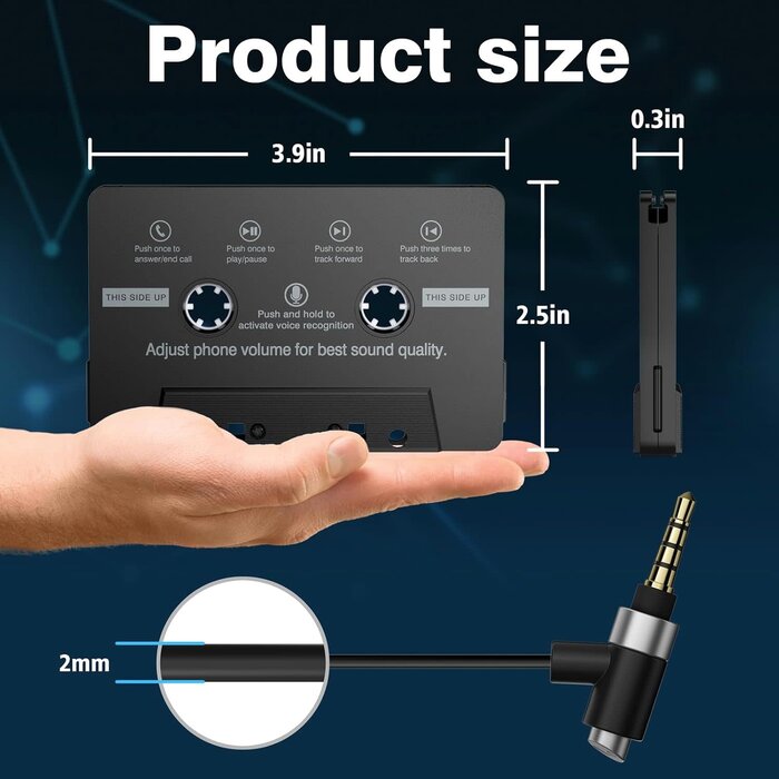 Mersoco Mersoco Car Cassette Aux Adapter with Microphone, 3.5MM Cable Audio Cassette Tape Adapter Player for Car, MP3, Phone, 3.2 Feet Cable