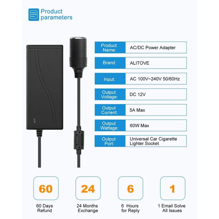 ALITOVE ALT-1205 - ALITOVE AC to DC Converter 12V 5A 60W 100-240V to 12V Car Cigarette Lighter Socket AC/DC Power Adapter Power Supply for Car Vacuum Cleaner Car Fan Car MP3 Other Car Devices Under 60W