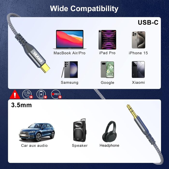 USBC-3.5MM-4FT - 4ft FT ENVEL USB C to Aux 3.5mm Audio Jack Cable 4ft, Type C Adapter to 3.5mm Headphone Car Stereo Compatible with iPhone 15 Pro Max 15 Plus iPad Pro Galaxy S24 S23 S22 Ultra Pixel 8 8 Pro 7