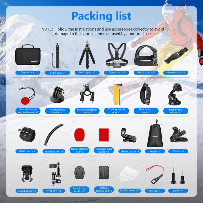 GORPO-LARGE-KIT - NEEWER 50 in 1 Action Camera Accessory Kit Compatible with GoPro Hero 12 11 10 9 DJI OSMO 4 3 2 Insta360 X3 X2 GO 3 SJCAM DBPOWER AKASO VicTsing APEMAN WiMiUS QUMOX Lightdow Campark Sony Sports DV