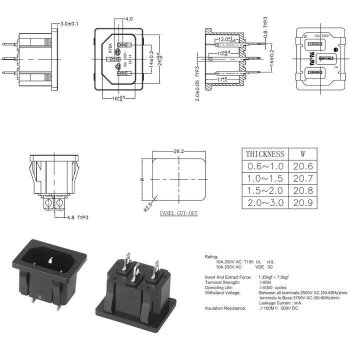 IEC320 C14 Panel Mount Plug Adapter, 250V 10A Inlet Power Connector