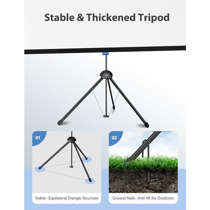 PARIS RHONE SCREEN+STAND-100" - PARIS RHÔNE Projector Screen with Stand, 100-inch Outdoor Indoor Projector Screen 16:9 4K HD PVC, 1.5 Gain Portable Wrinkle-Free Movie Screen for Home Backyard Theater with Carry Bag, Ground Nails