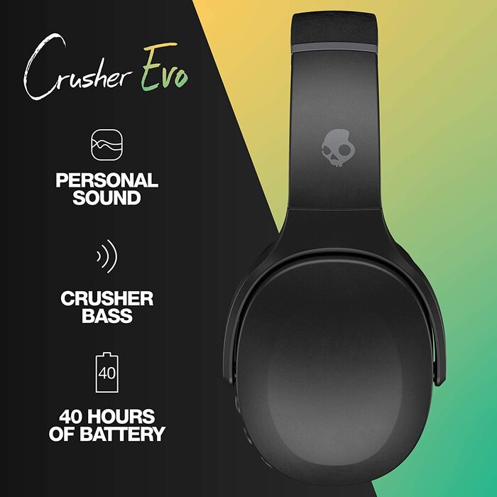 SkullCandy S6EVW-N740 - Crusher® Evo Sensory Bass Headphones with Personal Sound Wireless, Over-Ear Bluetooth Headphones for iPhone and Android with Mic - True Black
