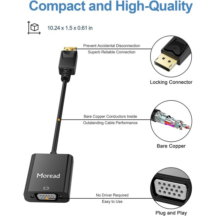Moread DisplayPort (DP) to VGA Adapter, Gold-Plated Display Port to VGA Adapter (Male to Female) Compatible with Computer, Desktop, Laptop, PC, Monitor, Projector, HDTV