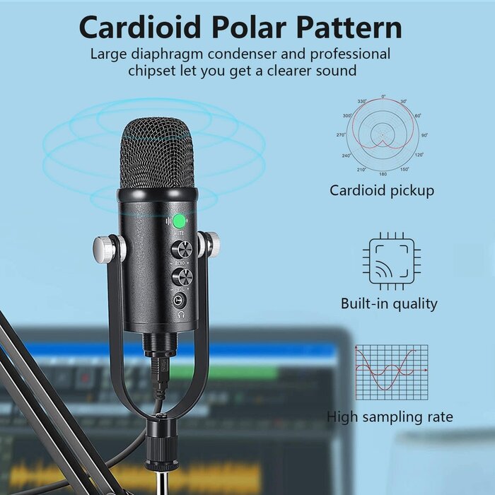 Delarbeaden WM101 - Delarbeaden USB Microphone Metal Condenser Mic: Plug & Play Gaming Microphones on PC, Mac, Twitch and YouTube, Recording Microphone Computer PC Mic for Streaming, Podcasting