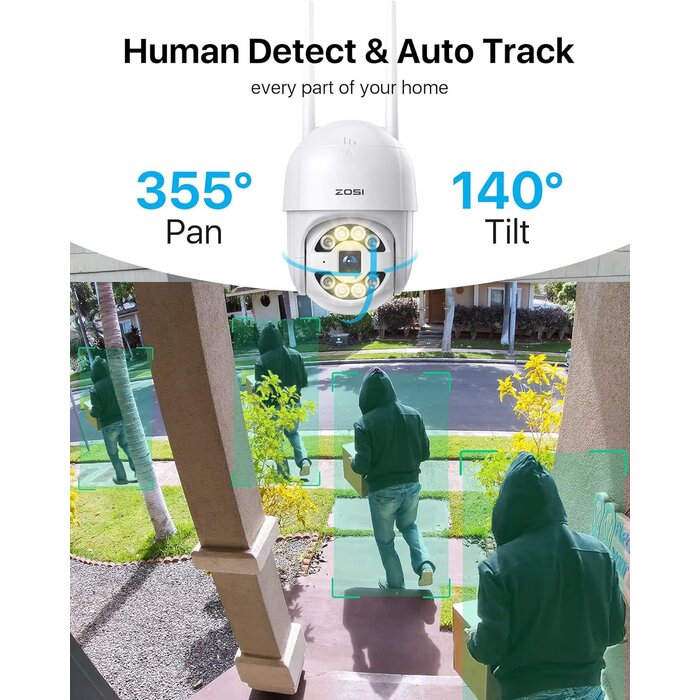 ZOSI C289 2K 8CH Wireless PTZ Security Camera System, 4 x 3MP WiFi Auto Track Camera Outdoor, Color Night Vision, 2-Way Talk, AI Human Vehicle Detection, Light & Siren Alarm, 1TB HDD for 24/7 Record