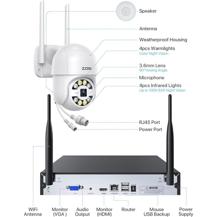 ZOSI C289 2K 8CH Wireless PTZ Security Camera System, 4 x 3MP WiFi Auto Track Camera Outdoor, Color Night Vision, 2-Way Talk, AI Human Vehicle Detection, Light & Siren Alarm, 1TB HDD for 24/7 Record