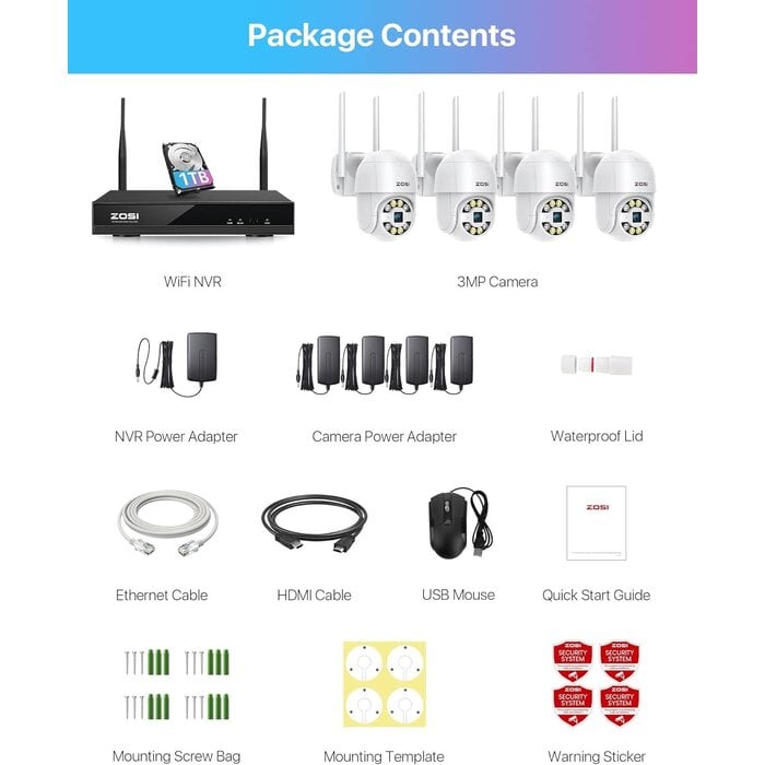 ZOSI C289 2K 8CH Wireless PTZ Security Camera System, 4 x 3MP WiFi Auto Track Camera Outdoor, Color Night Vision, 2-Way Talk, AI Human Vehicle Detection, Light & Siren Alarm, 1TB HDD for 24/7 Record