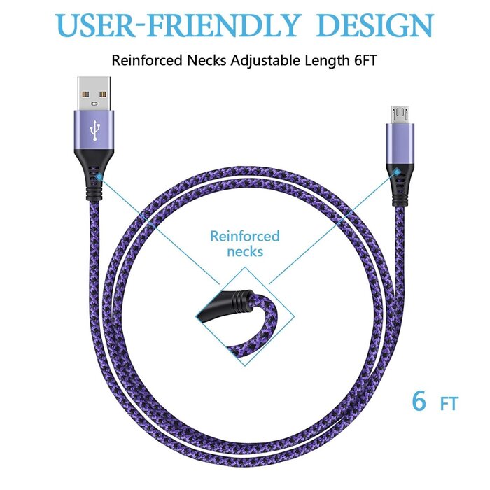 AilkinDirect MICRO-USB-6FT - AilkinDirect Micro USB Cables 6Ft AILKIN Android USB 2.0A Male to Micro B Charger Cord, Fast Charging Speed Data Wire Nylon Colored Braided Powerline Cable for Samsung Galaxy S7 S6 J7 J3 J8 A01 Kindle Fire