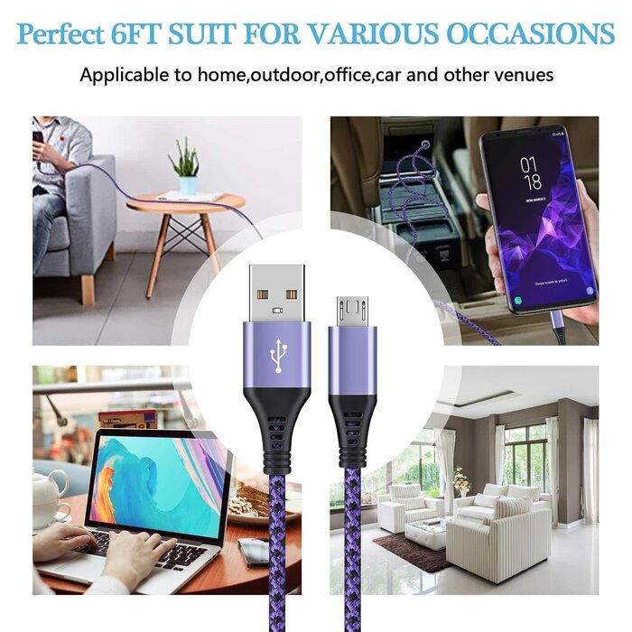 AilkinDirect MICRO-USB-6FT - AilkinDirect Micro USB Cables 6Ft AILKIN Android USB 2.0A Male to Micro B Charger Cord, Fast Charging Speed Data Wire Nylon Colored Braided Powerline Cable for Samsung Galaxy S7 S6 J7 J3 J8 A01 Kindle Fire