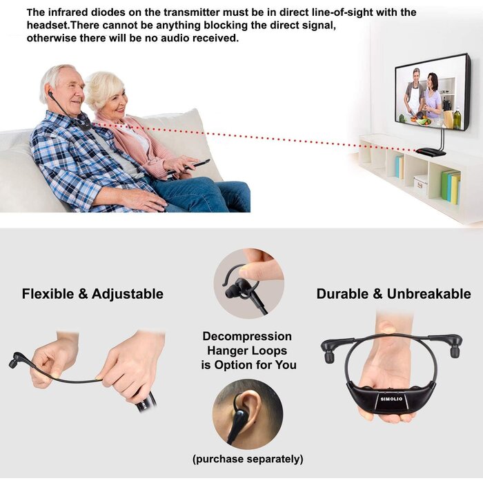 SIMOLIO Infrared Wireless TV Headphones, TV Hearing Device for Digital & Analog TVs, TV Listening Headphones for Seniors & Hard of Hearing with Voice Highlighting, Balance and Tone Adjustment SM-863D
