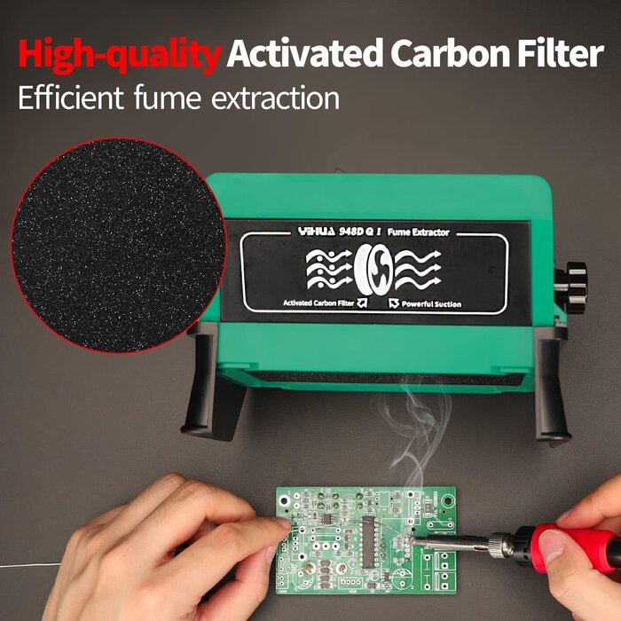 YIHUA 948DQ-I Solder Fume Extractor Fan Solder Smoke Absorber Remover Tiltable Angle with 8 Extra Fan Filters for Soldering Wood Burning and more