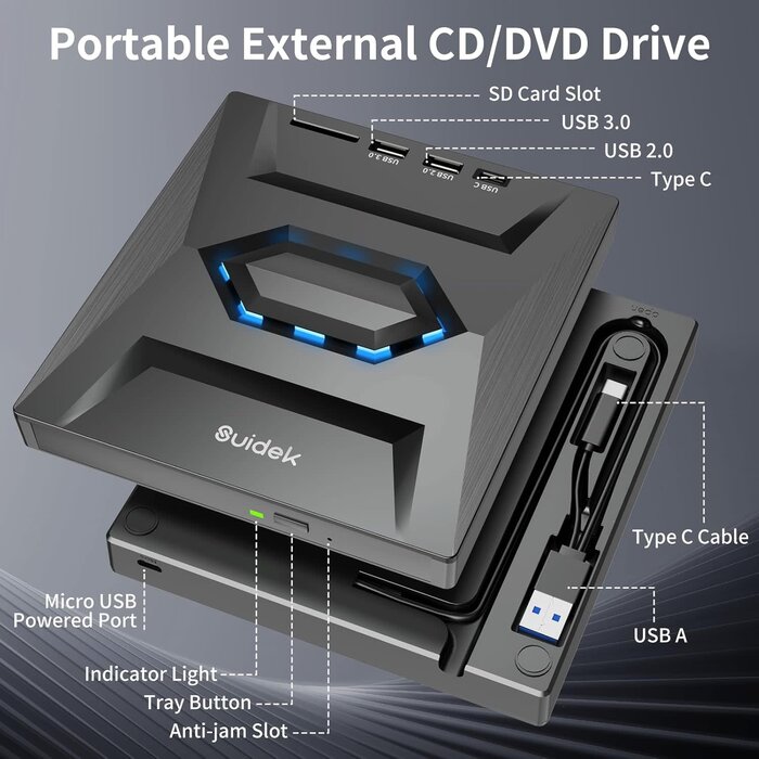 SUIDEK B21-Y - SUIDEK External CD DVD Drive for Laptop, USB C Portable CD/DVD +/-RW Burner DVD Player for Laptop with SD Card Reader USB 3.0 Type C Hub Compatible with Laptop PC Windows Linux