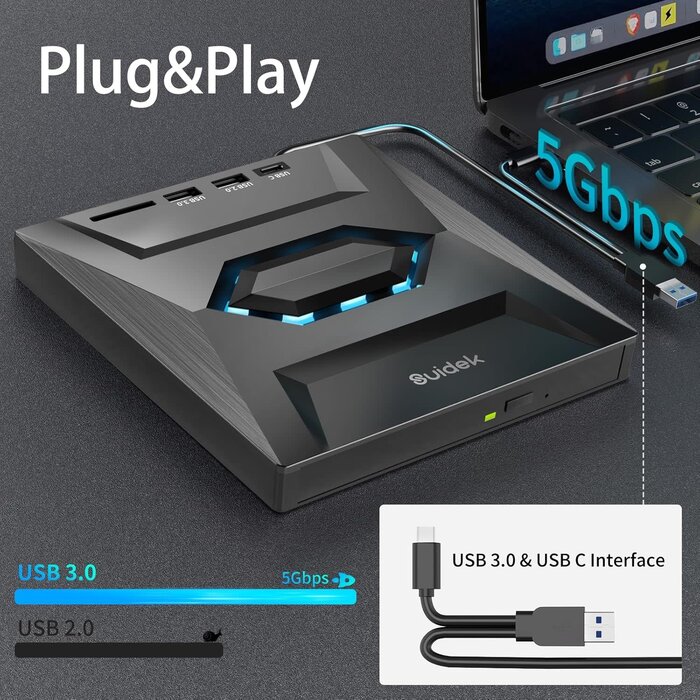 SUIDEK B21-Y - SUIDEK External CD DVD Drive for Laptop, USB C Portable CD/DVD +/-RW Burner DVD Player for Laptop with SD Card Reader USB 3.0 Type C Hub Compatible with Laptop PC Windows Linux