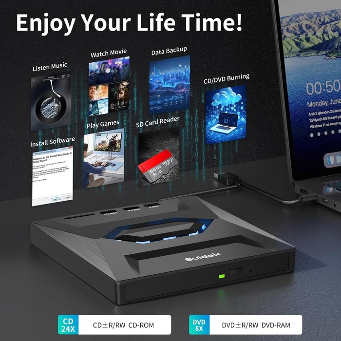 SUIDEK B21-Y - SUIDEK External CD DVD Drive for Laptop, USB C Portable CD/DVD +/-RW Burner DVD Player for Laptop with SD Card Reader USB 3.0 Type C Hub Compatible with Laptop PC Windows Linux