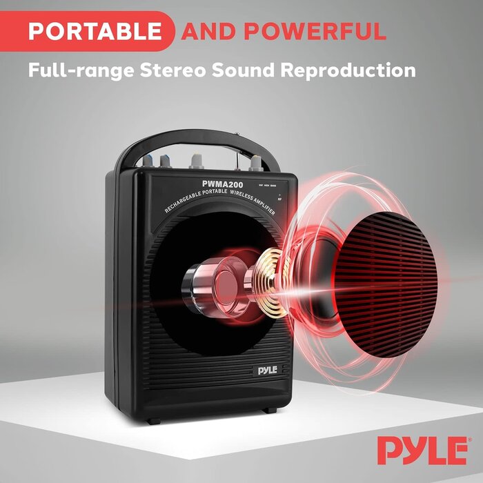 PWMA200 - Pyle Portable PA Speaker & Microphone System - FM Stereo Radio, Built-in Rechargeable Battery, Aux & Microphone Inputs, Includes Beltpack, Hand-held Headset & Lavalier Mics - Black