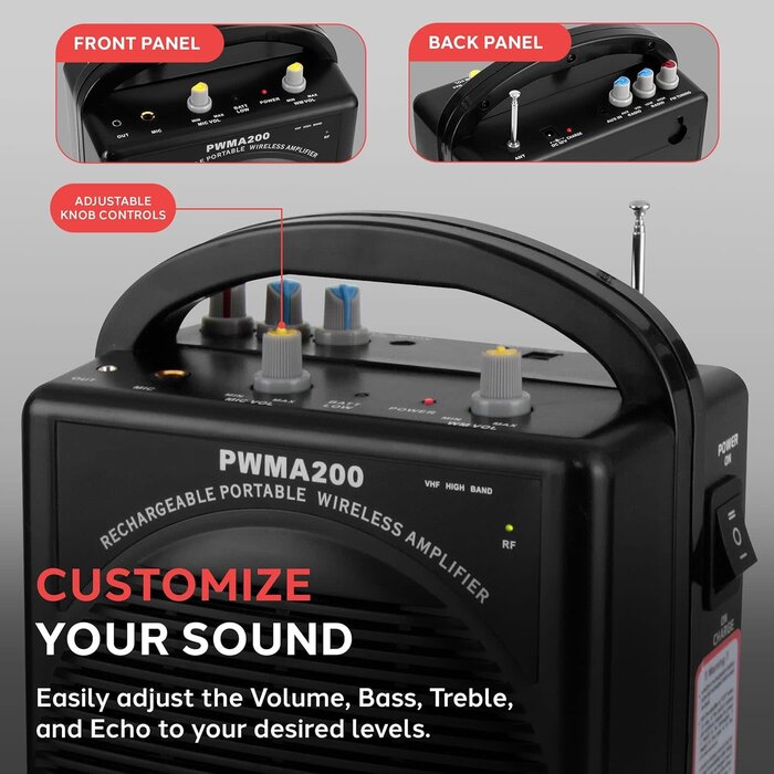 PWMA200 - Pyle Portable PA Speaker & Microphone System - FM Stereo Radio, Built-in Rechargeable Battery, Aux & Microphone Inputs, Includes Beltpack, Hand-held Headset & Lavalier Mics - Black