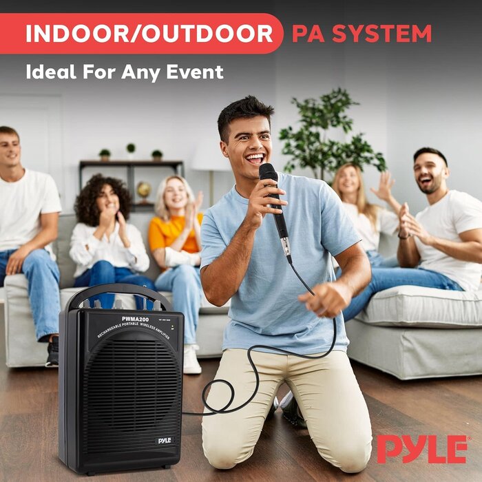 PWMA200 - Pyle Portable PA Speaker & Microphone System - FM Stereo Radio, Built-in Rechargeable Battery, Aux & Microphone Inputs, Includes Beltpack, Hand-held Headset & Lavalier Mics - Black