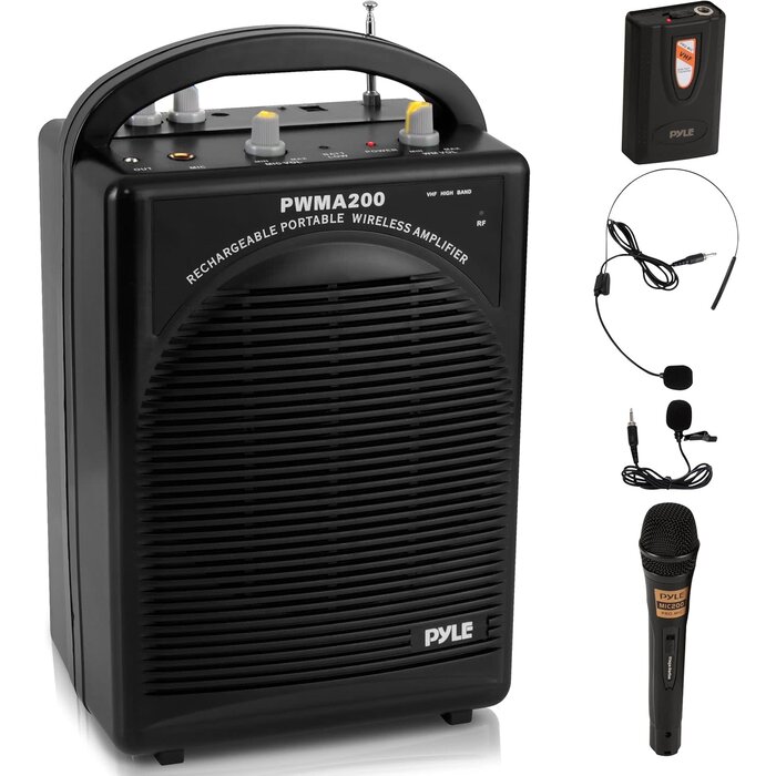 PWMA200 - Pyle Portable PA Speaker & Microphone System - FM Stereo Radio, Built-in Rechargeable Battery, Aux & Microphone Inputs, Includes Beltpack, Hand-held Headset & Lavalier Mics - Black