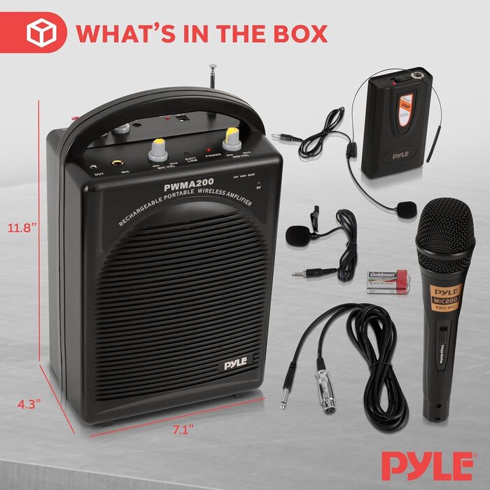 PWMA200 - Pyle Portable PA Speaker & Microphone System - FM Stereo Radio, Built-in Rechargeable Battery, Aux & Microphone Inputs, Includes Beltpack, Hand-held Headset & Lavalier Mics - Black