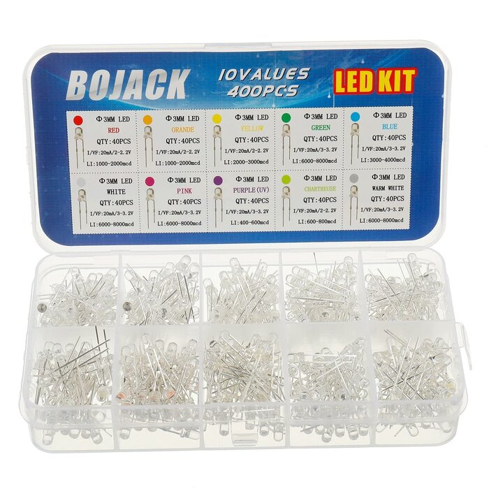 BJ-L10-400 - BOJACK 10 Colors 400 pcs 3mm LED Diode Lights Assorted Kit Pack (Red/Ora/YEL/Gre/Blu Transparent DC 2V - 3.2V 20mA) Bright Lighting Bulb Lamps Electronics Components 3 mm Light Emitting Diodes Parts