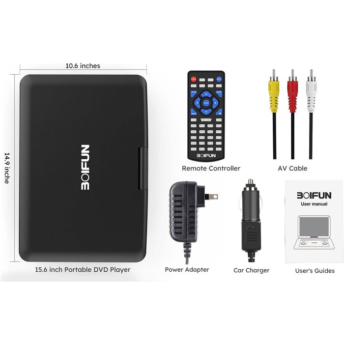 BOIFUN BFN-161 - BOIFUN 17.5" Portable DVD Player with 15.6" Large HD Screen, 6 Hours Rechargeable Battery, Support USB/SD Card/Sync TV and Multiple Disc Formats, High Volume Speaker, Black