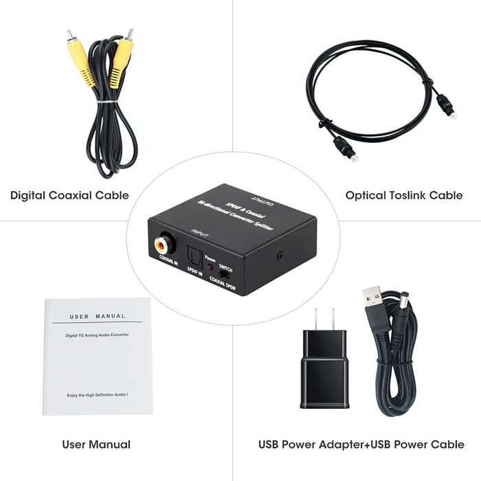 ROOFULL RFOCDC-B2 - ROOFULL Optical-to-Coaxial or Coax-to-Optical Digital Audio Converter Adapter, Bi-Directional Digital Coaxial to/from SPDIF Optical (Toslink) Audio Converter with Fiber Optic and Coaxial Cable