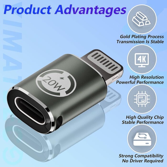YIMATEECO USBC2LIGHT-DATA - YIMATEECO USB C to Lightning Adapter 20W PD Fast Charging Data Transfer, USB C Female to Lightning Male Adapter Supports for iPhone 14/13/12/11/XS/XR, iPad/iPod/Air Pods, Not for OTG