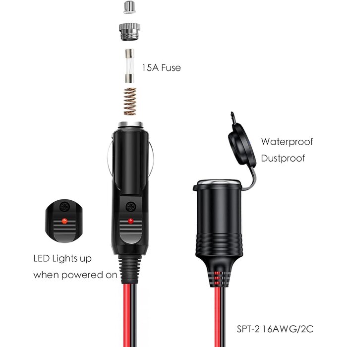 YIWOFUWO 6FT-12V - YIWOFUWO 6.6Ft Cigarette Lighter Extension Cord, 16AWG Heavy Duty 12v Extension Cord,Car Charger Extension to Air Compressor Car Vacuum Cleaner and Other Portable Equipment