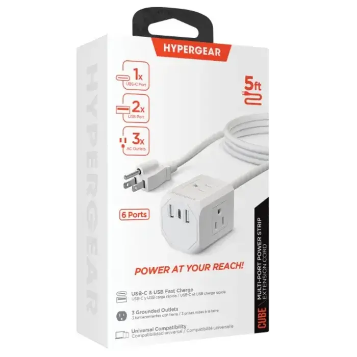 HPL15706 - HyperGear® CUBE 6-Outlet Multi-Port Power Strip Extension Cord with 5-Ft. Cord, White, 15706