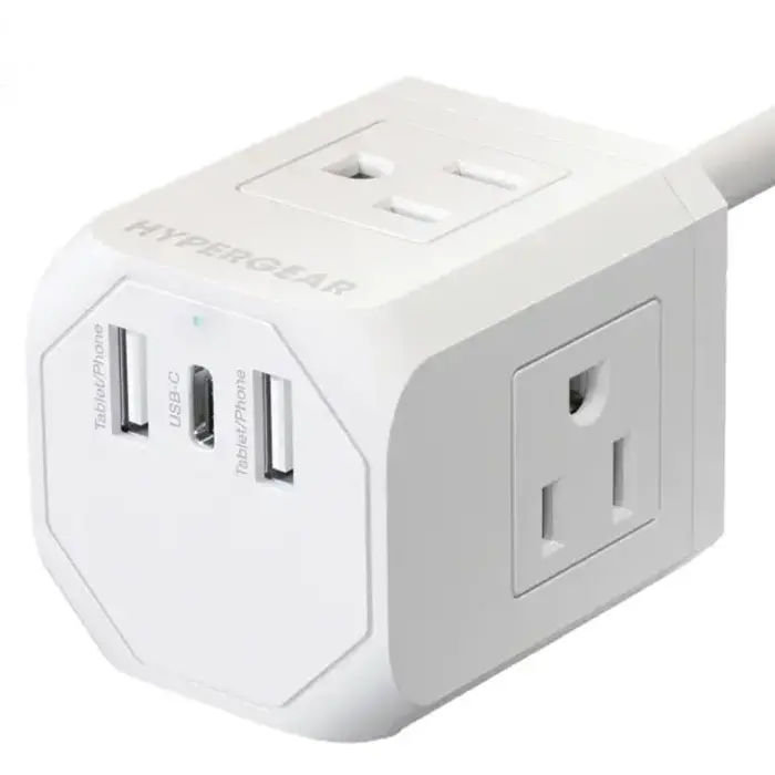 HPL15706 - HyperGear® CUBE 6-Outlet Multi-Port Power Strip Extension Cord with 5-Ft. Cord, White, 15706